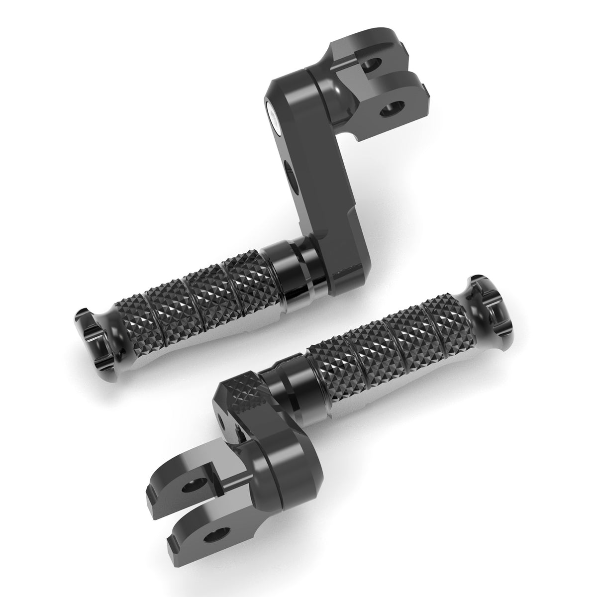 Front view of MC Motoparts 50mm extension foot pegs for Aprilia Tuono 125, 660, 1000 V4R R-FIGHT motorcycle, adjustable for rider comfort.