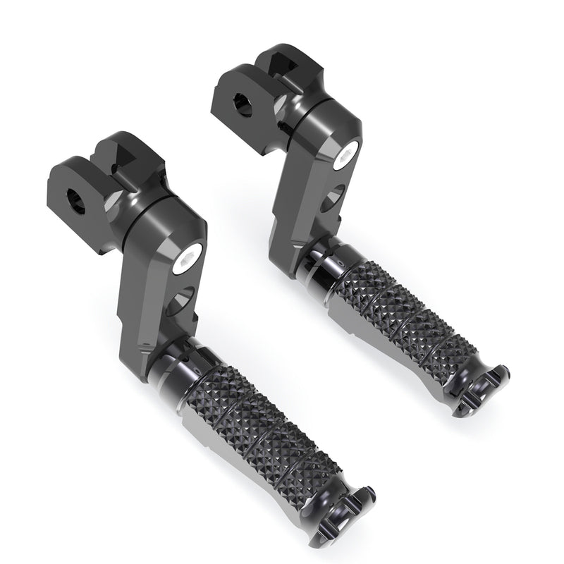 Front view of MC Motoparts 50mm extension foot pegs for Honda CBR650R, CB500X, NX500, with adjustable height and durable metal construction.