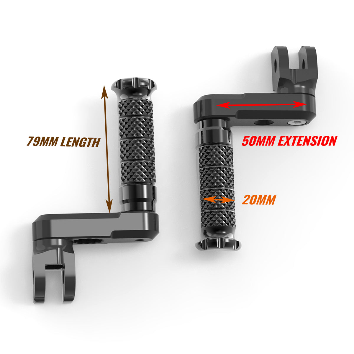 Front view of MC Motoparts 50mm adjustable extension foot pegs for Kawasaki ER6F, ER6N, Ninja 300, 250R motorcycle.