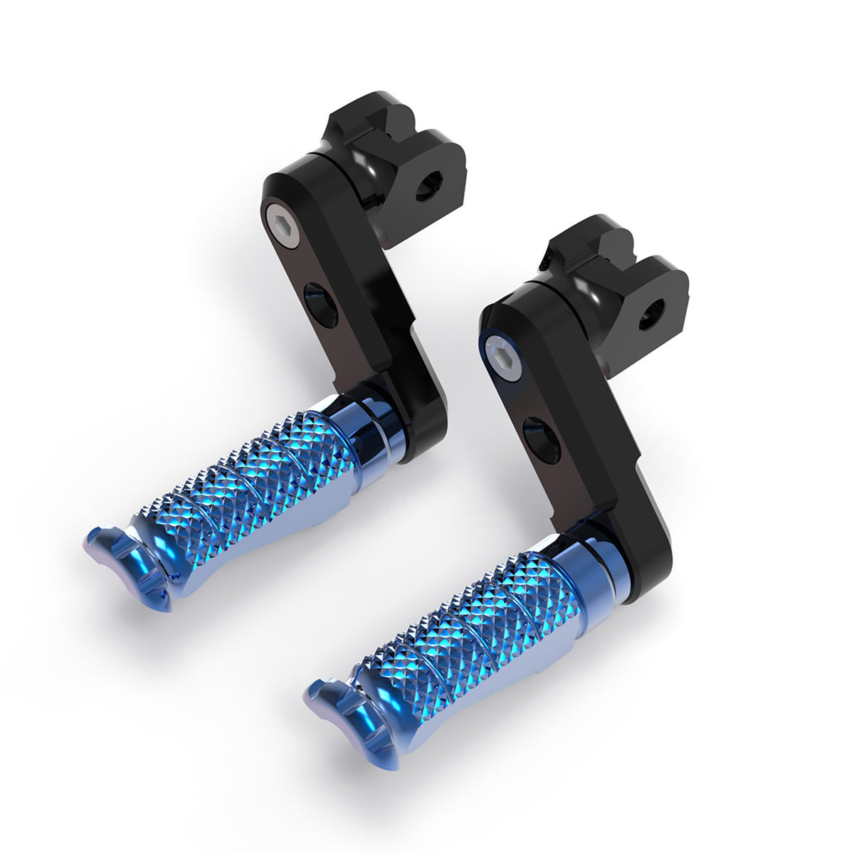 Black 50mm adjustable motorcycle foot pegs for Kawasaki ER6F, ER6N, Ninja 300, and 250R, installed on the front of the bike.
