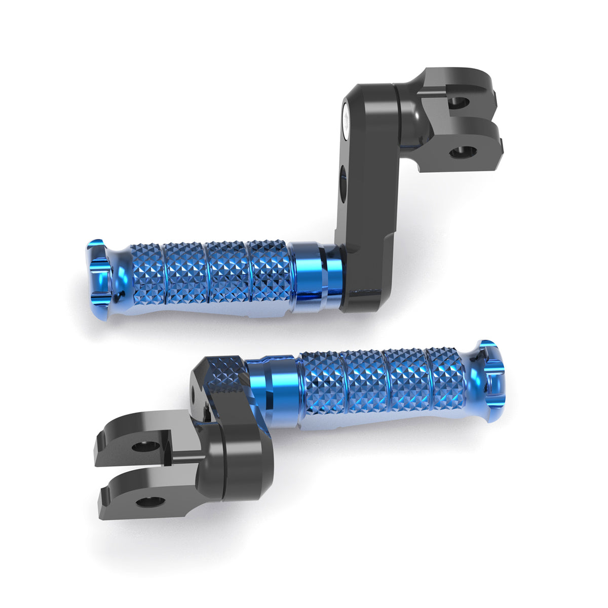 Front view of MC Motoparts 50mm extension foot pegs compatible with Yamaha YZF R1 R3 R6 R25 and R125 motorcycle models.