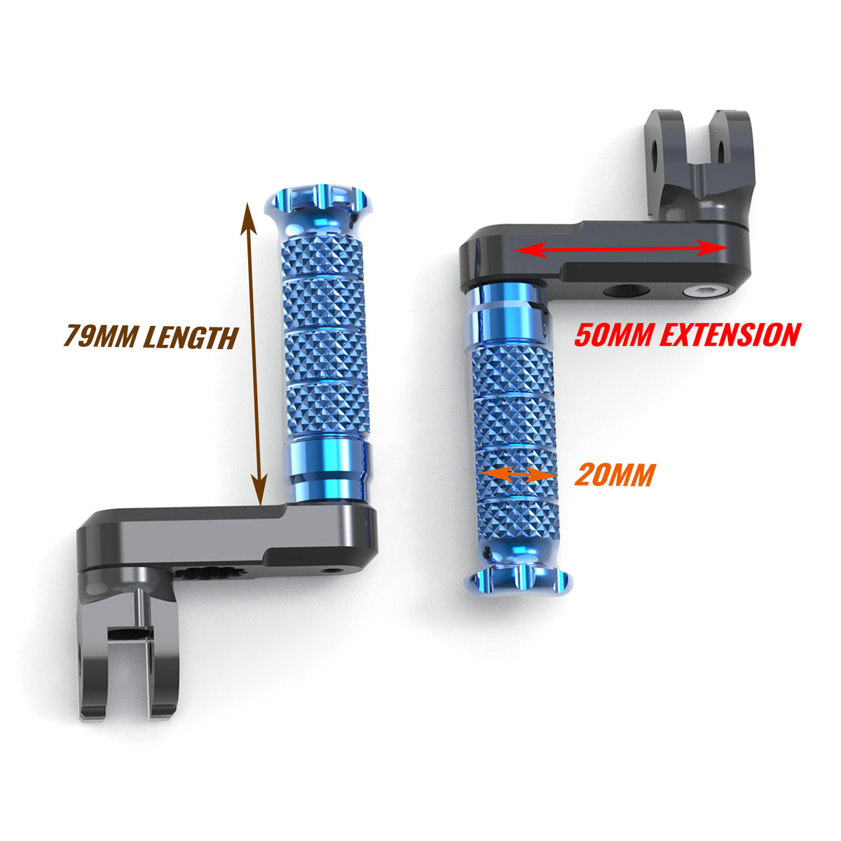 Front view of MC Motoparts electric dirt bike 50mm extension foot pegs for Razor MX 350, 400, 500, 650 models.