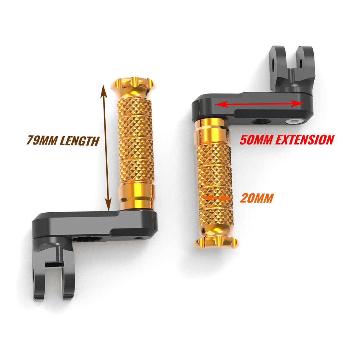 Front view of MC Motoparts 50mm extension foot pegs for Aprilia Tuono 125, 660, 1000 V4R R-FIGHT motorcycle.