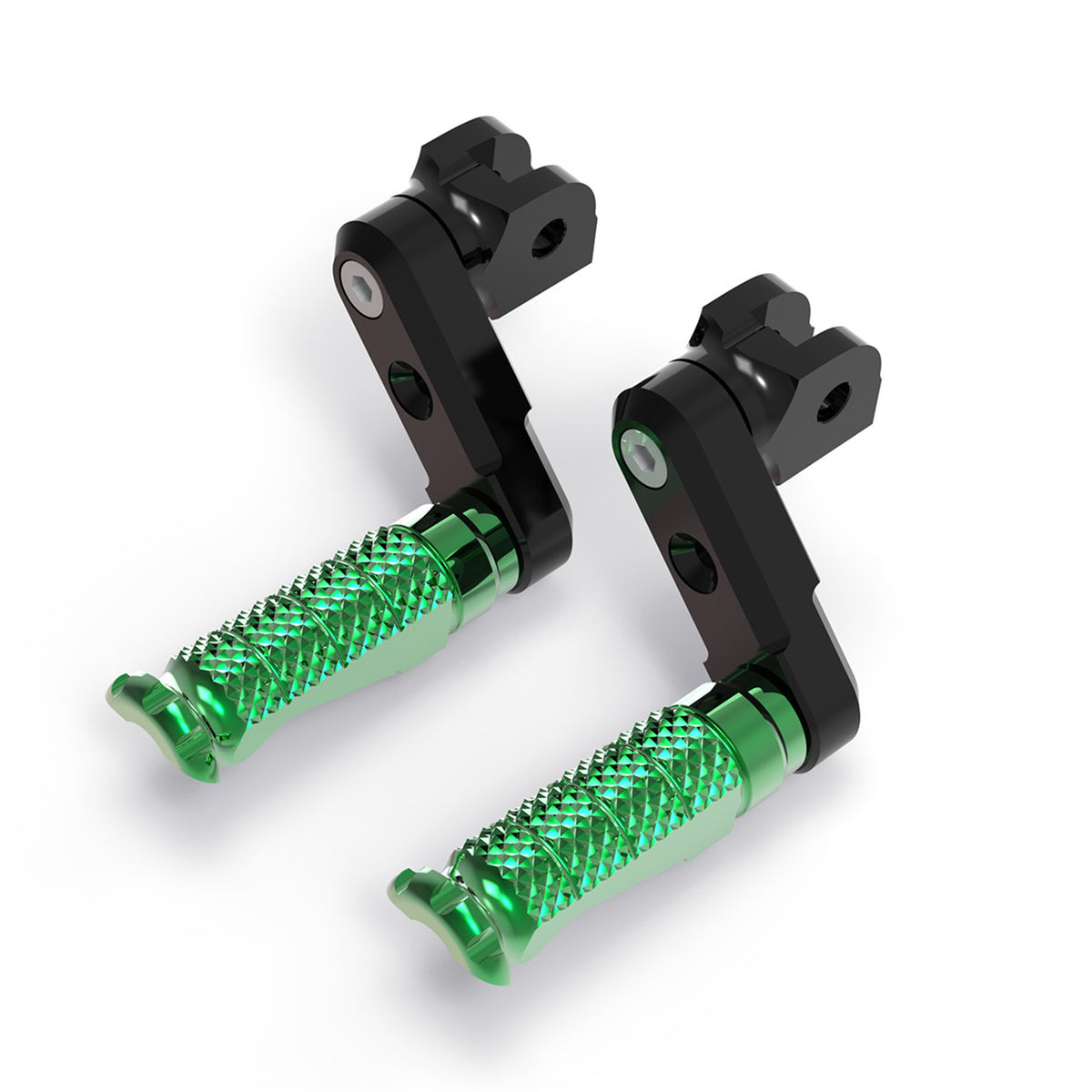 Front view of MC Motoparts 50mm adjustable extension foot pegs for Kawasaki ER6F, ER6N, Ninja 300, 250R motorcycle.
