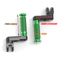 Black 50mm extension foot pegs for Honda CB1000R, CB500X, CB600F by MC Motoparts, shown from the front view.