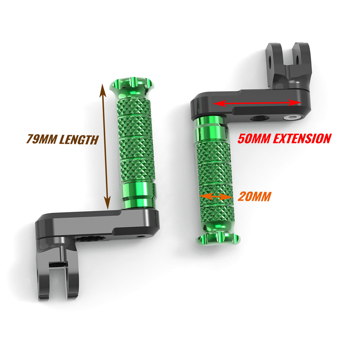 Front view of MC Motoparts 50mm adjustable extension foot pegs for Yamaha YZF R1 R3 R6 R25 and R125 motorcycle.