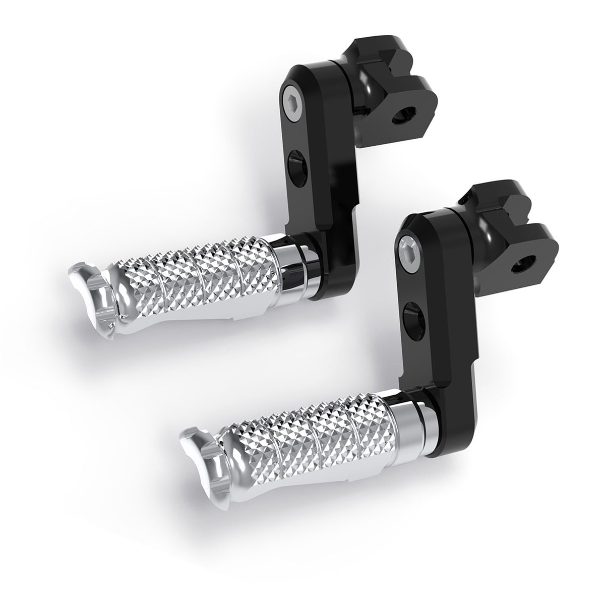 Front view of black MC Motoparts 50mm adjustable extension foot pegs for Triumph Daytona 675 Thruxton R motorcycle.
