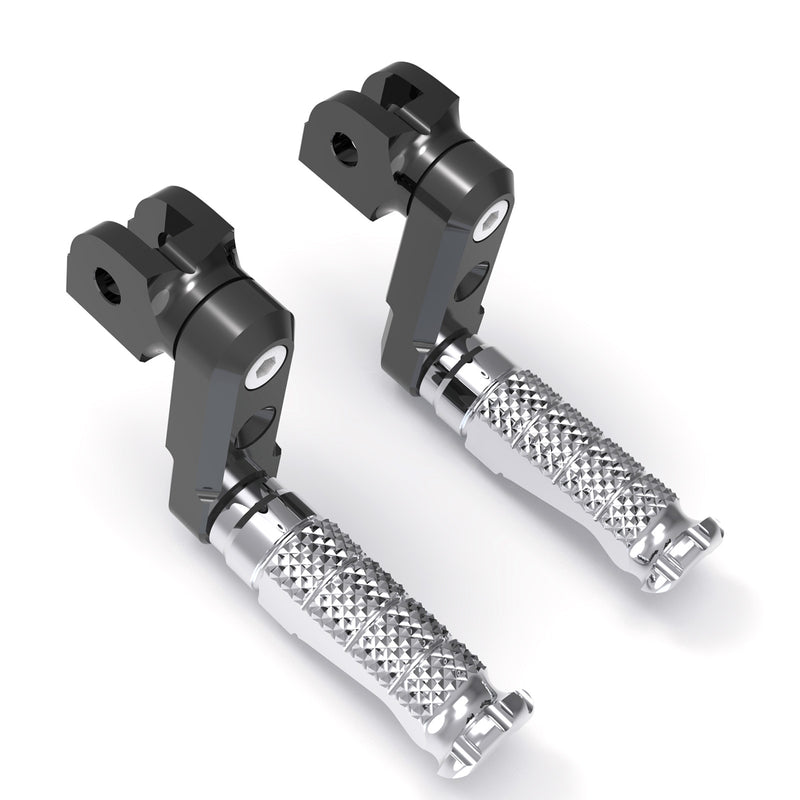 Front view of MC Motoparts 50mm extension foot pegs for Honda VFR800, VFR1200F, NC750X motorcycle, adjustable foot pegs.