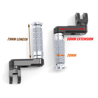 MC Motoparts 50mm extension foot pegs for Honda VFR800, VFR1200F, NC750X, adjustable front motorcycle foot pegs.