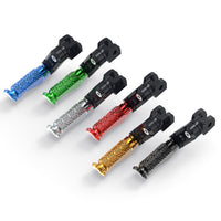 Front view of MC Motoparts 50mm extension foot pegs for Triumph Daytona 675 Thruxton R, showcasing adjustable design and metal construction.