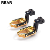Rear 50mm extension touring foot pegs for Kawasaki ZH2 and ZX-10R Ninja, black adjustable wide foot pegs by MC Motoparts.