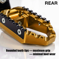 Rear 50mm extension touring foot pegs for Honda CBR1000RR and CBR600RR, black wide foot pegs by MC Motoparts, designed for comfort.