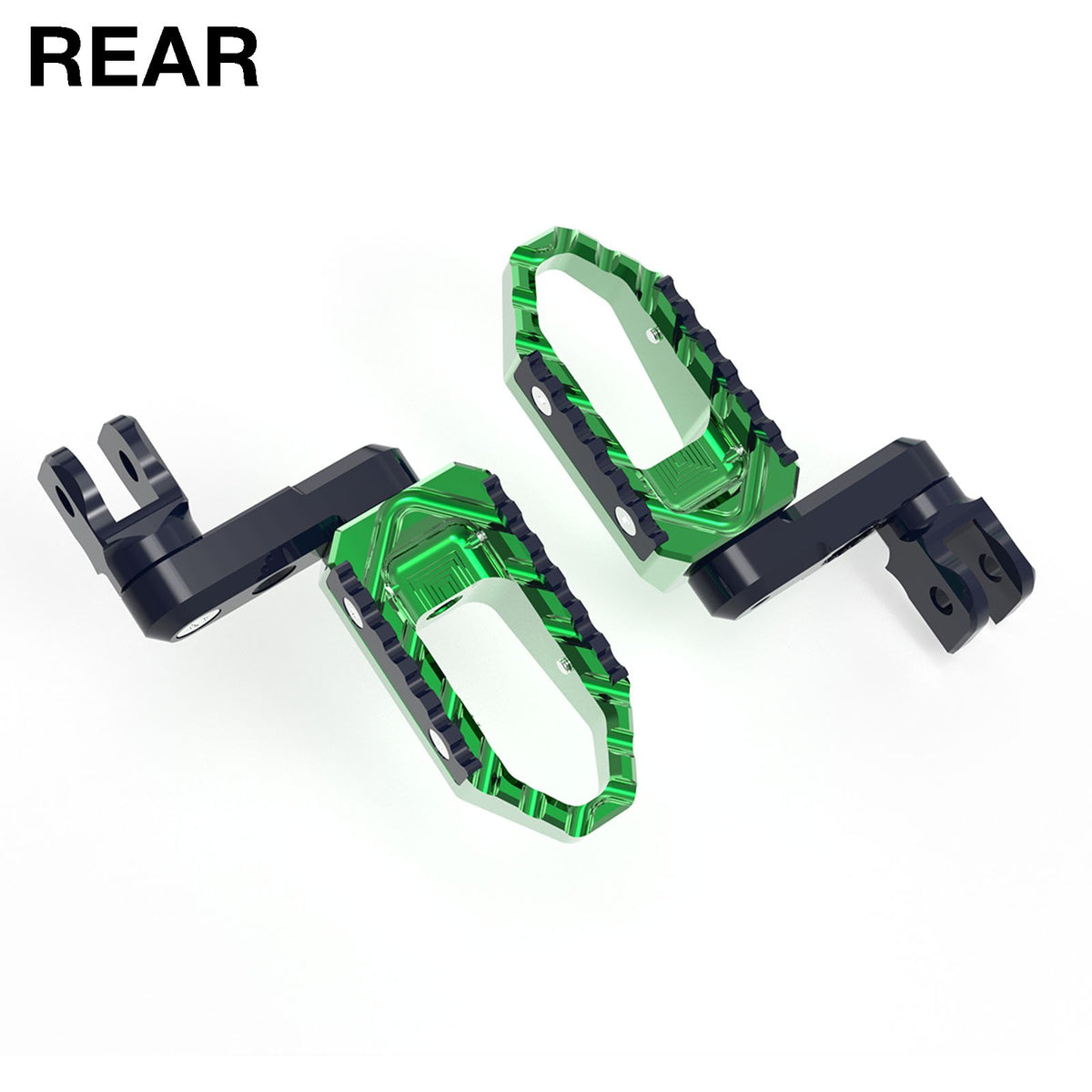 Rear 50mm adjustable touring wide foot pegs for Moto Guzzi V9, V7, V100, by MC Motoparts, shown installed on motorcycle.