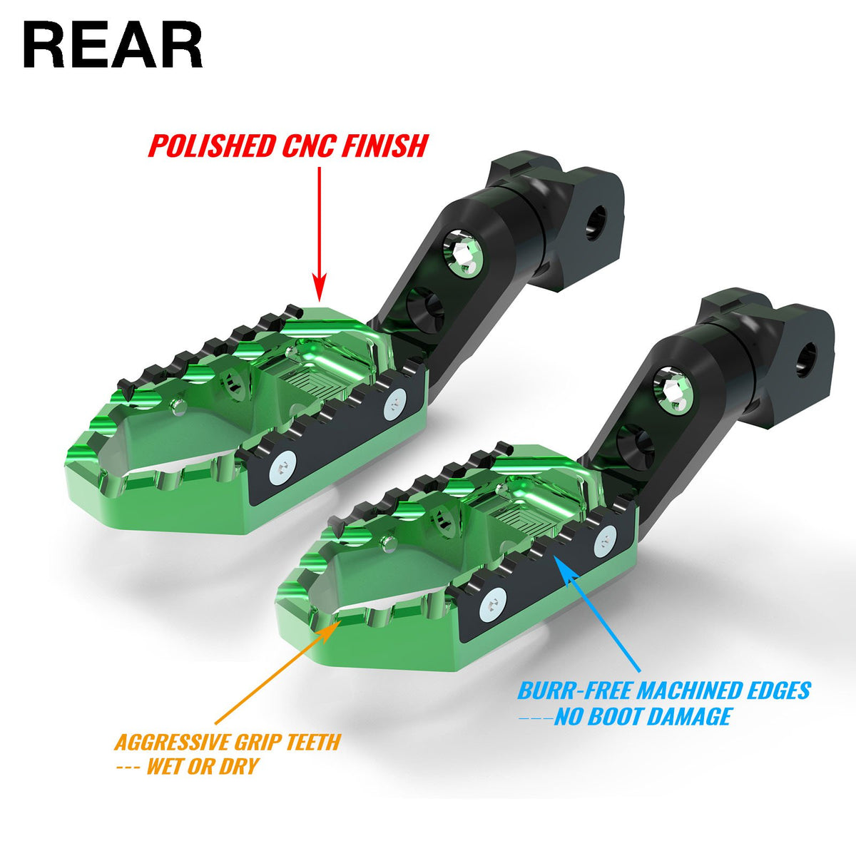 Rear 50mm extension touring foot pegs for Suzuki SV650 SV1000 by MC Motoparts, with wide, comfortable foot support for touring riding.