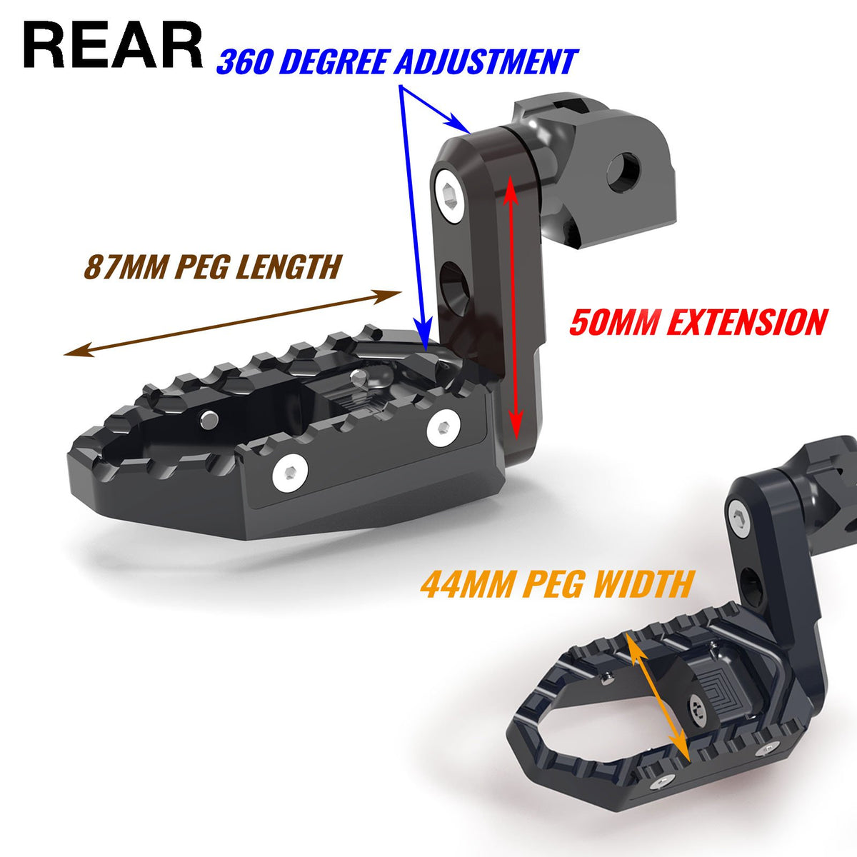 Rear 50mm extension touring foot pegs for Honda CBR1000RR-R, CB125R, Rebel 500, by MC Motoparts, shown in black with adjustable features.