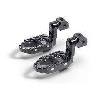 MC Motoparts 40mm extension foot pegs for Triumph Scrambler 1200, Trident 660, and TRC Touring, black, adjustable front foot pegs.