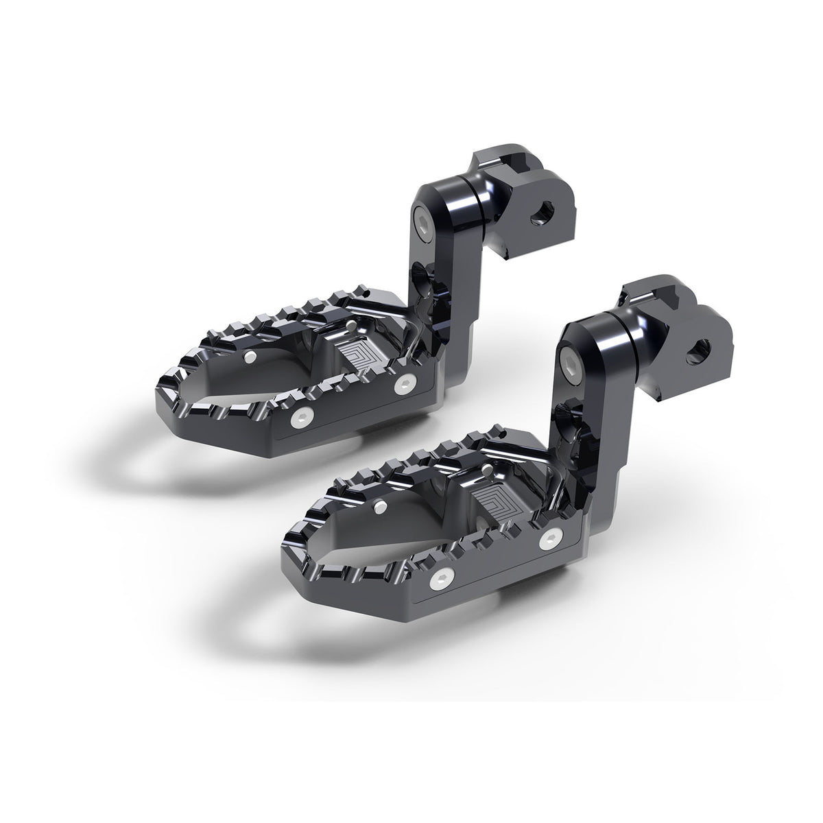 MC Motoparts 40mm extension foot pegs for Triumph Scrambler 1200, Trident 660, and TRC Touring, black, adjustable front foot pegs.