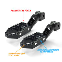 Black MC Motoparts 40mm extension foot pegs for Honda CB1000R, CB600F, CB900F with multi-step adjustable design, mounted on motorcycle.