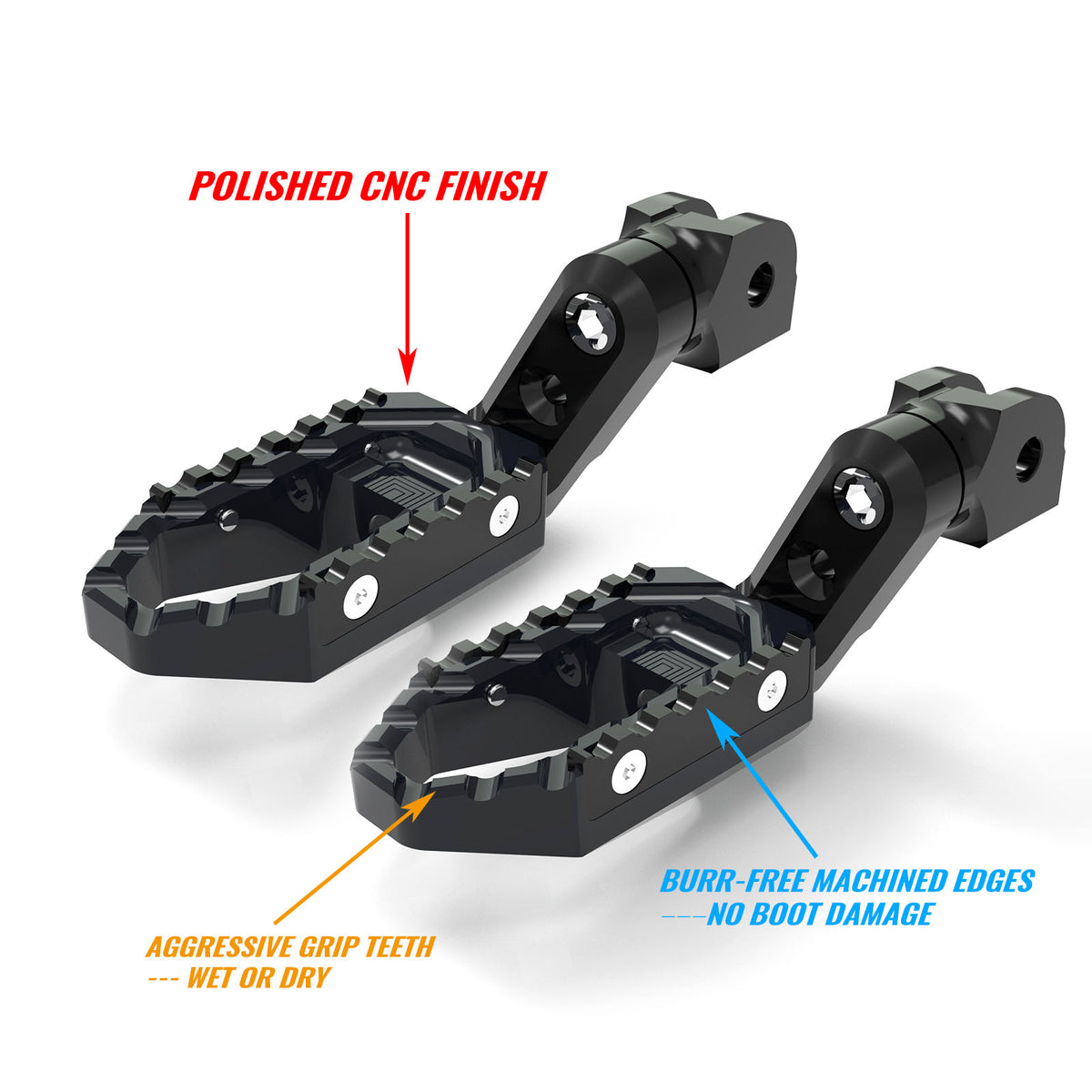 Black MC Motoparts 40mm extension foot pegs for Honda CB1000R, CB600F, CB900F with multi-step adjustable design, mounted on motorcycle.