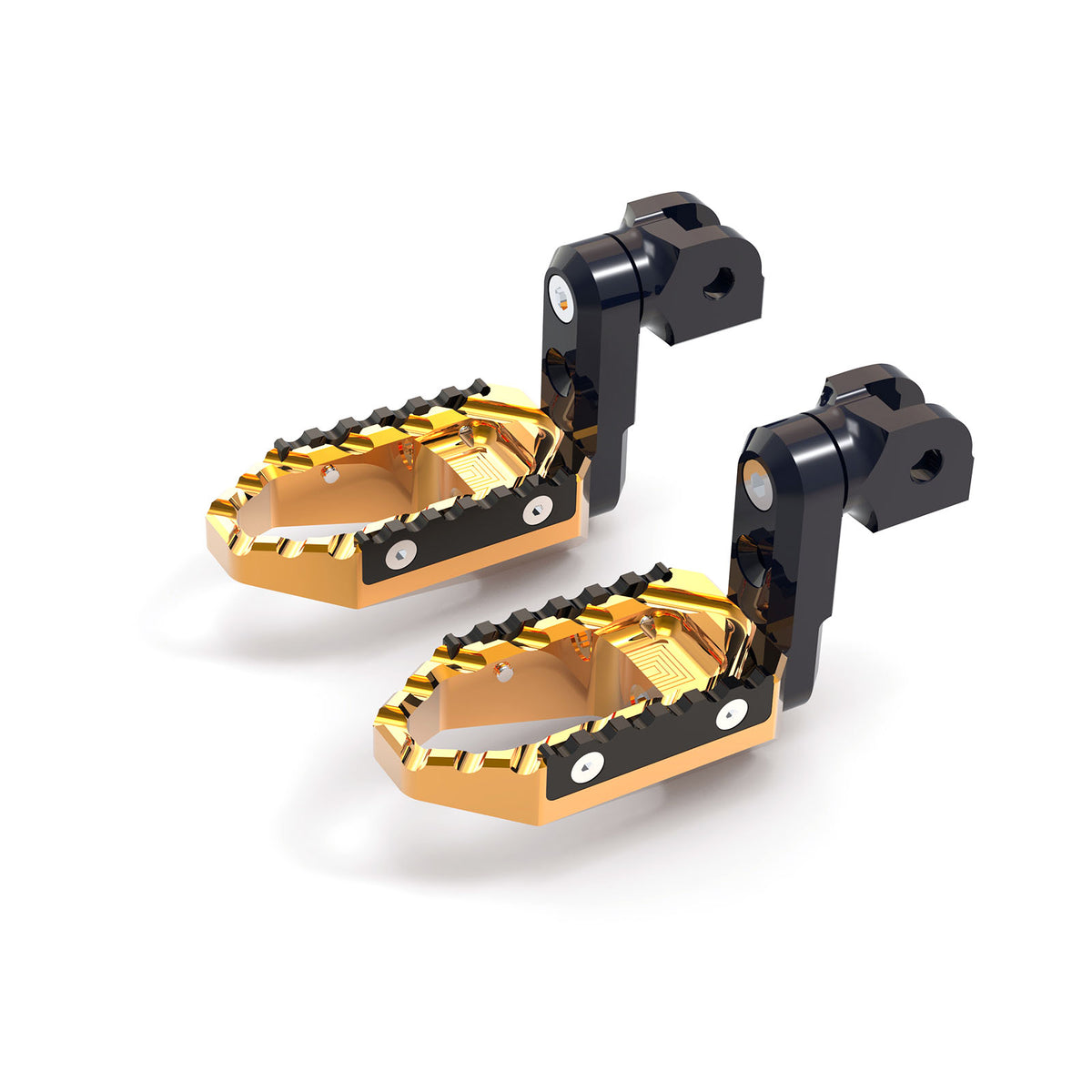 Black MC Motoparts 40mm extension foot pegs for Triumph Scrambler 1200, Trident 660, and TRC Touring models, adjustable for rider comfort.