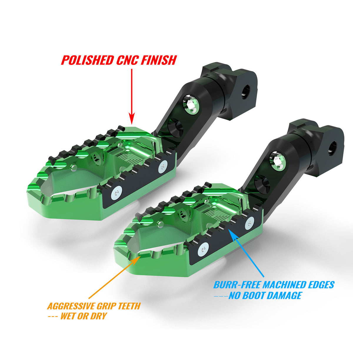Black MC Motoparts 40mm extension foot pegs for Yamaha MT09, MT07, MT10, and TRC Touring bike models, adjustable for rider comfort.