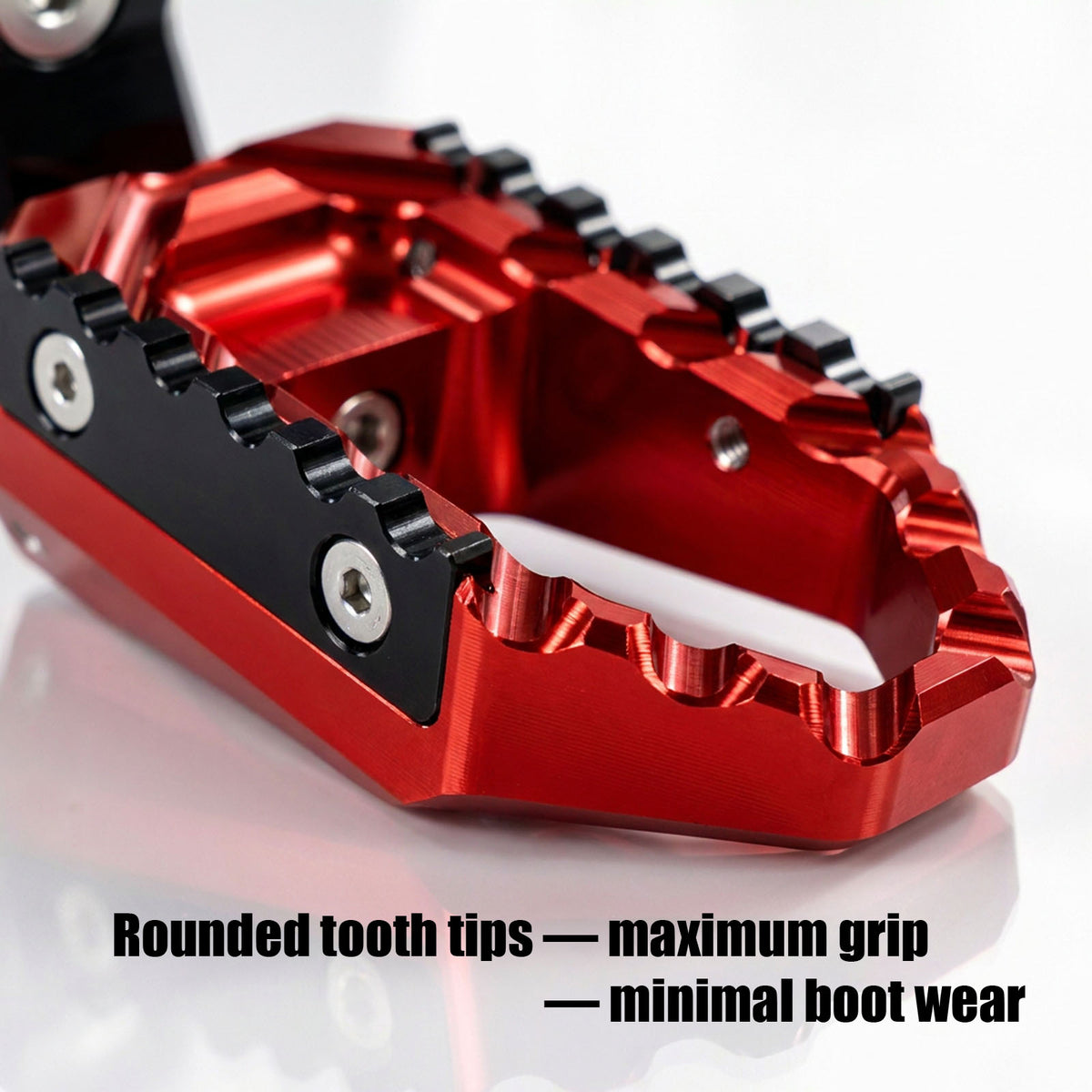Front view of MC Motoparts 40mm extension foot pegs for BMW R nineT R1200GS TRC touring, with wide, multi-step design.