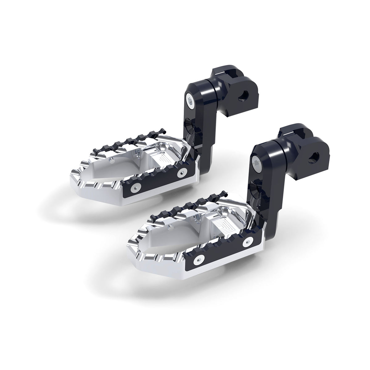 MC Motoparts 40mm extension foot pegs for Harley Davidson Sportster Heritage TRC Touring, with wide, multi-step design, front view.