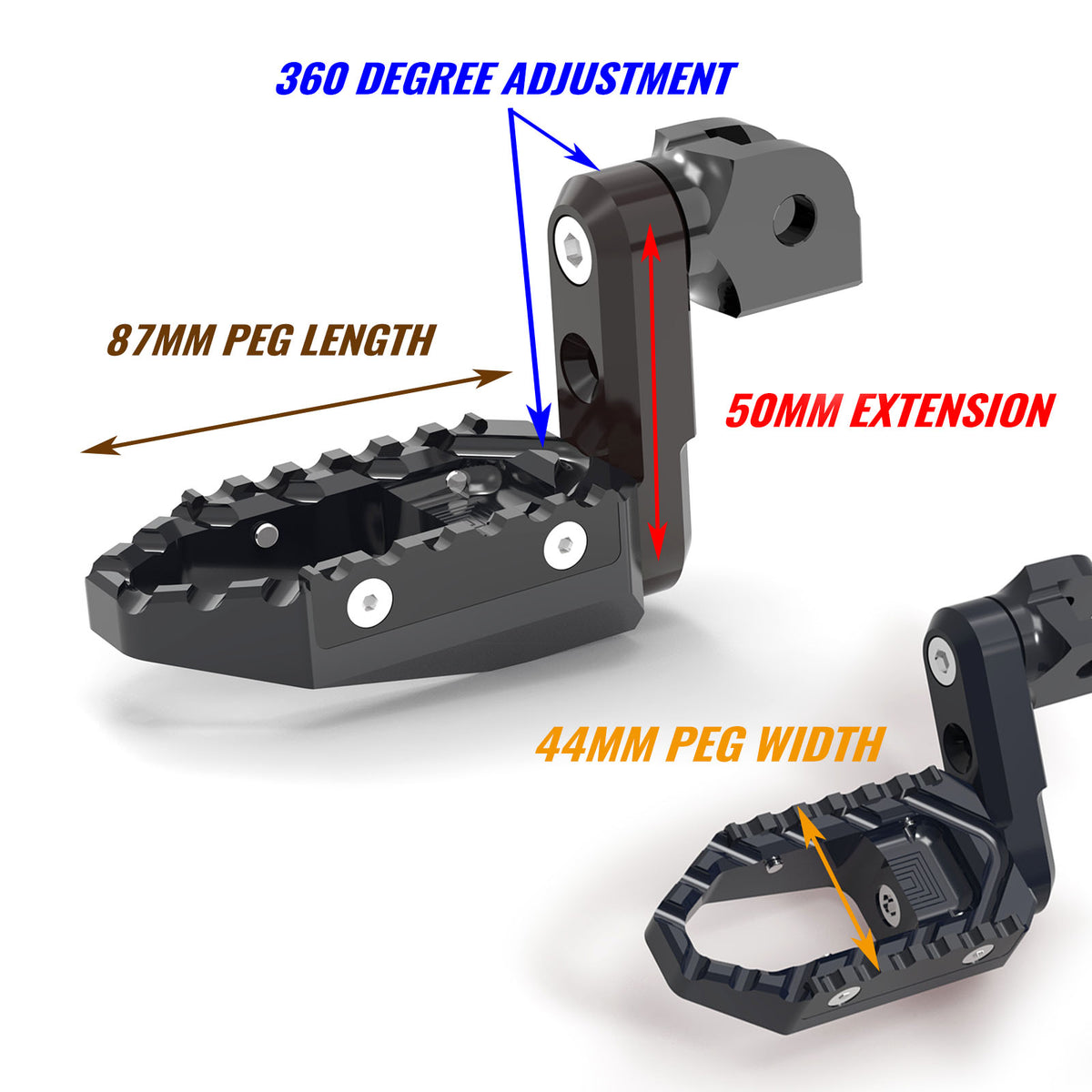 Electric dirt bike 40mm extension foot pegs by MC Motoparts for Razor RSF350 RSF650 TRC touring models, front view.