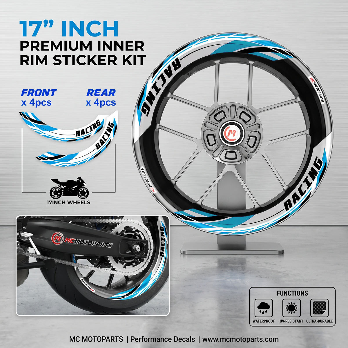 J01 17'' Llanta delantera y trasera extraíble pegatina de llanta de 2 piezas para Aprilia Tuono V4R