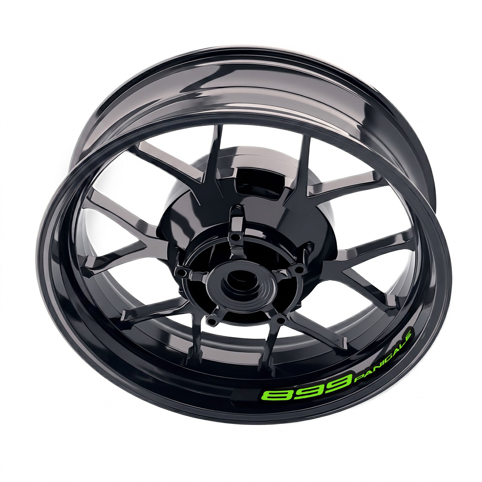 Ducati 899 Panigale wheel rim sticker set with black and gold decals, bike-specific wheel decals for enhanced style and customization.