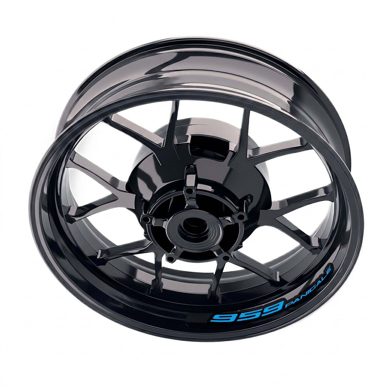 Ducati 959 Panigale inner rim sticker set by StickerBao, wheel decals with blue and silver design on motorcycle rims.