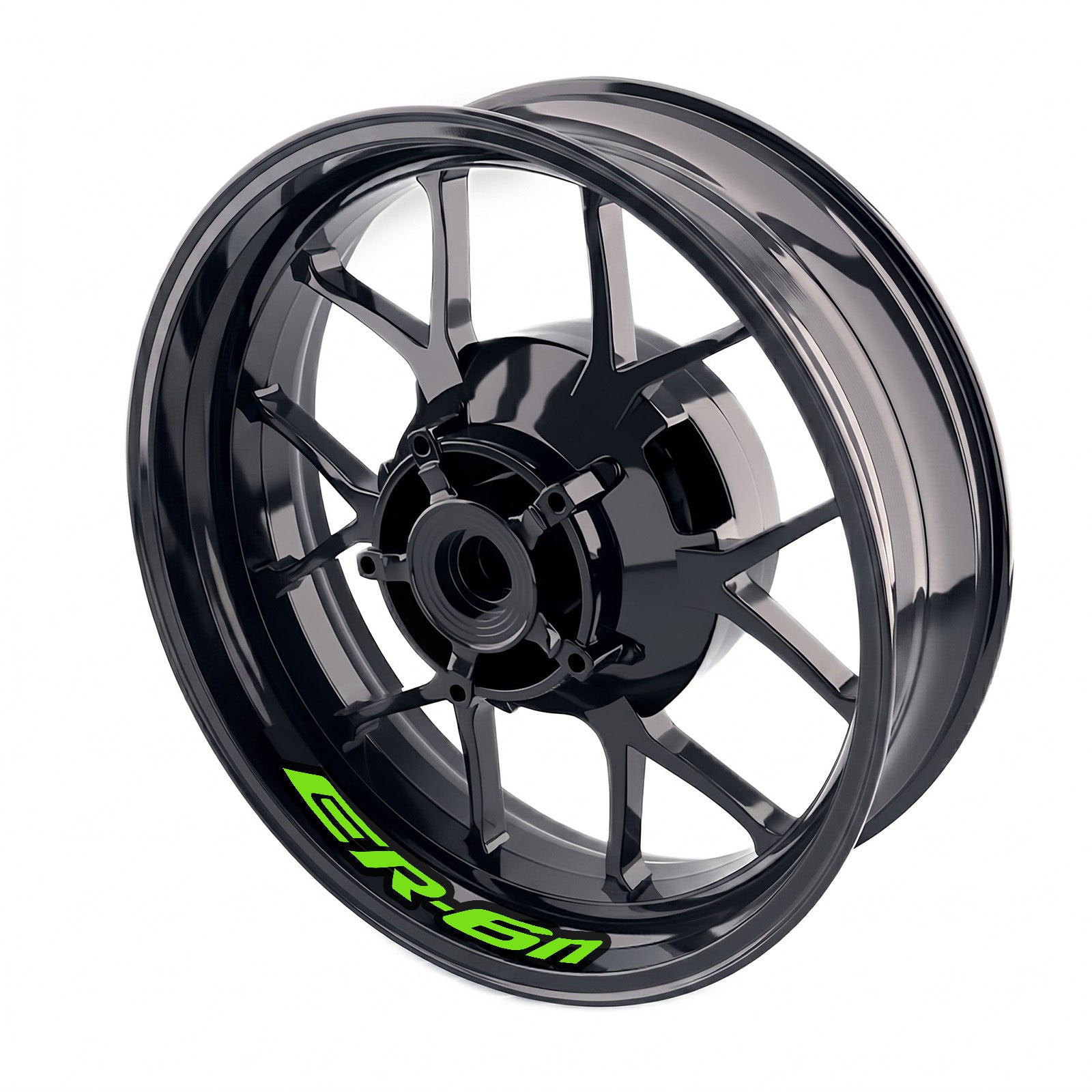 Kawasaki ER6N inner rim sticker set by StickerBao, bike model-specific wheel decals on a motorcycle rim.