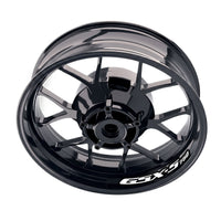 Suzuki GSXS 750 wheel stickers and rim decals set by StickerBao on bike wheel with stylish design and vibrant colors.