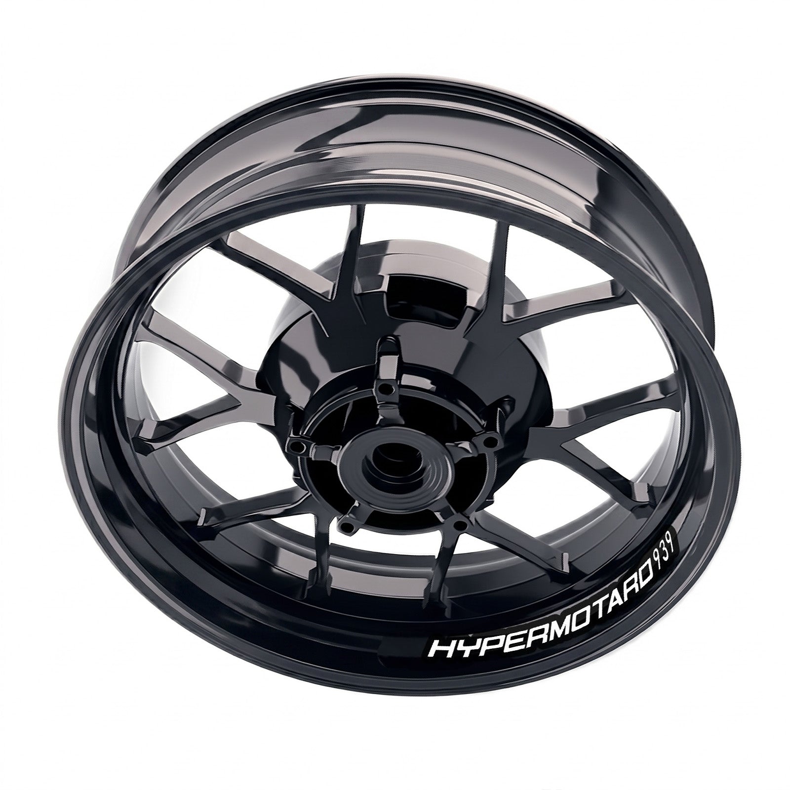 Ducati Hypermotard 939 wheel stickers and rim decals set by StickerBao on bike wheels, showcasing sleek inner rim decals.