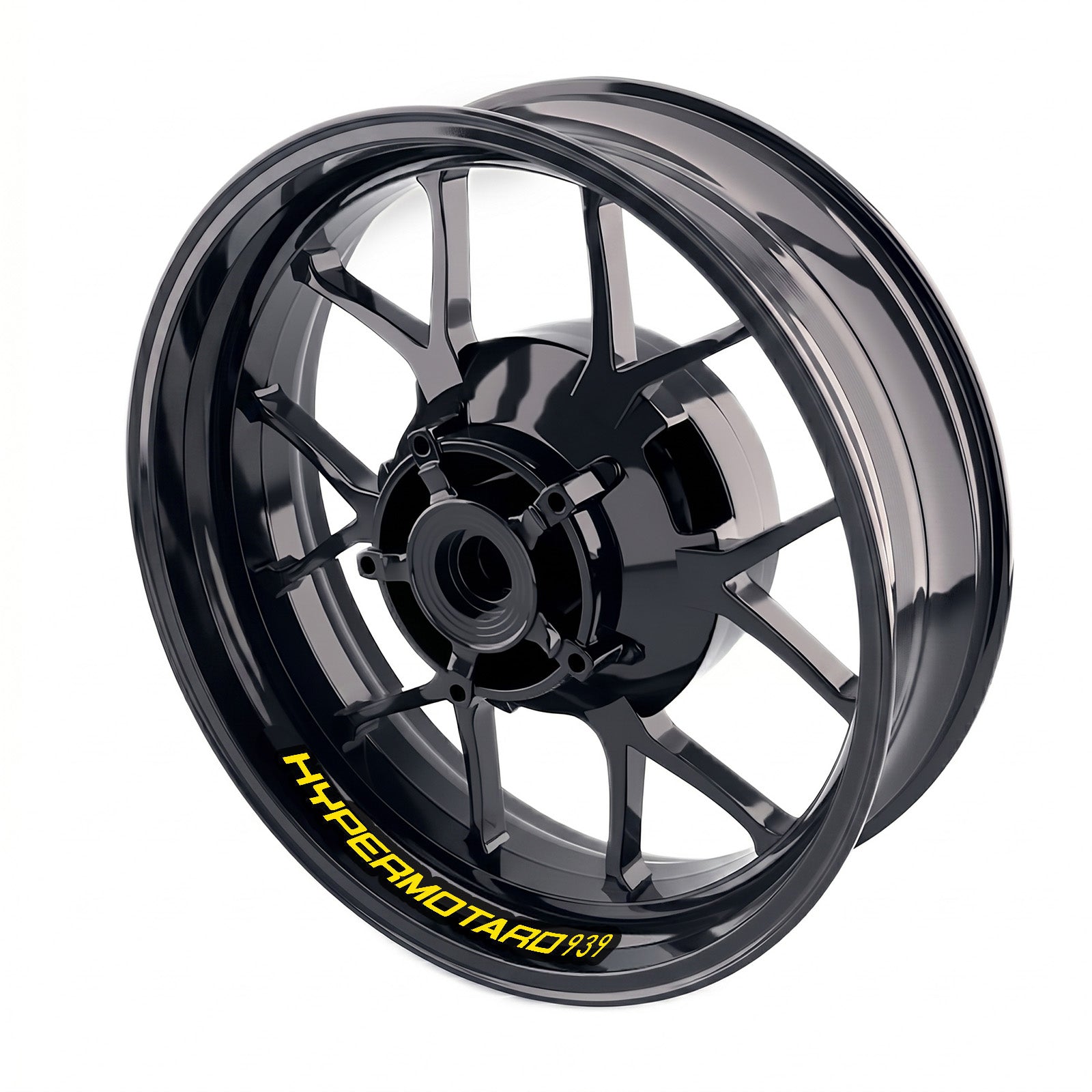 Ducati Hypermotard 939 wheel stickers and rim decals set by StickerBao, featuring bike-specific inner rim decals on a motorcycle wheel