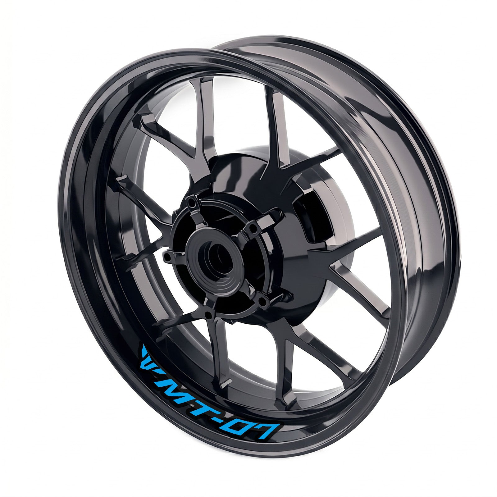 Yamaha MT07 inner rim sticker set by StickerBao, bike-specific wheel decals with vibrant colors on black motorcycle rims.