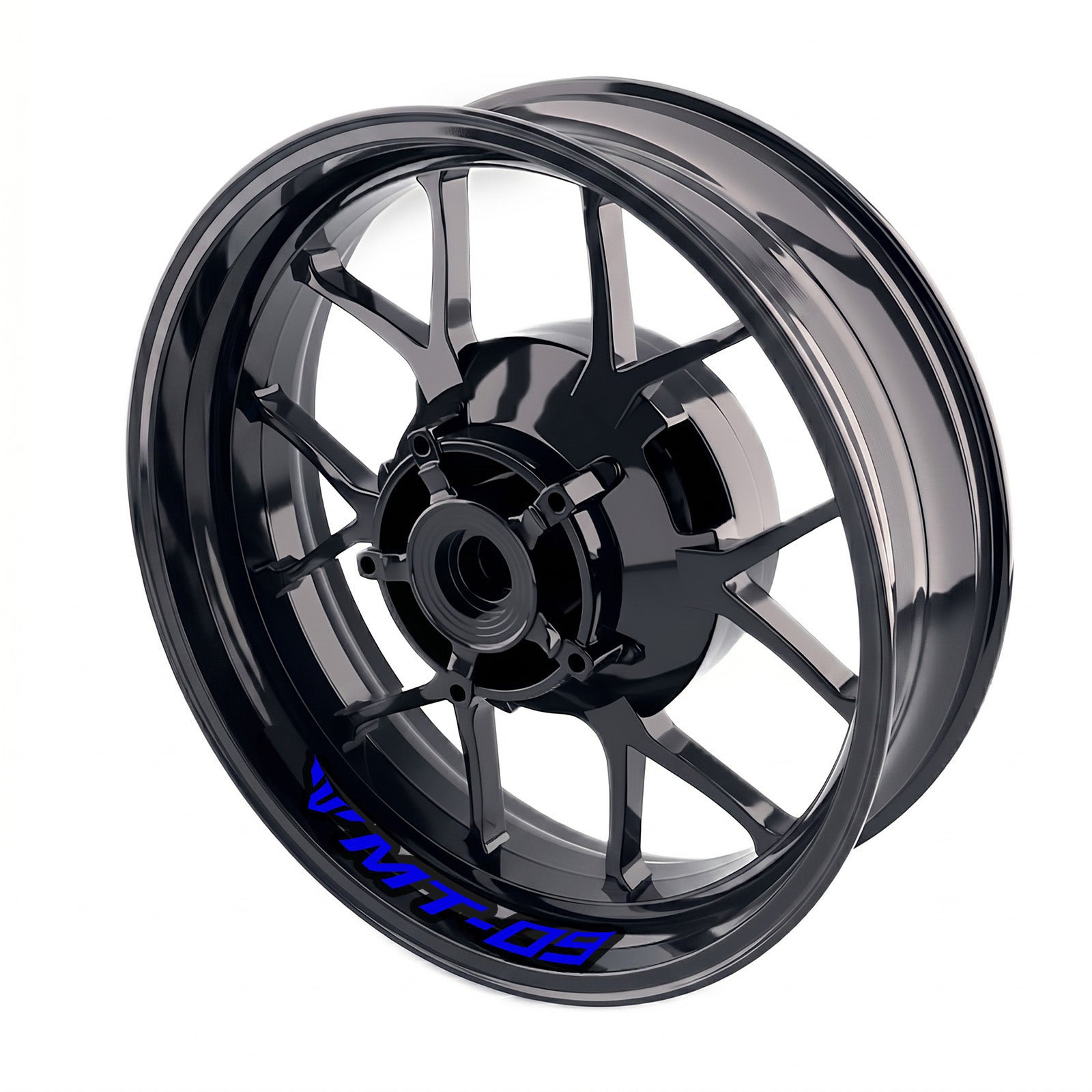 Blue Yamaha MT09 inner rim sticker set showing bike-specific wheel decals on a motorcycle wheel.