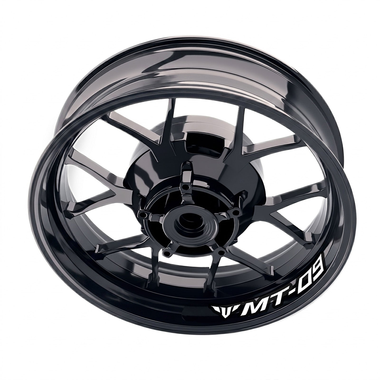 Yamaha MT09 inner rim sticker set by StickerBao, bike-specific wheel decals on a motorcycle wheel for custom rim detailing.