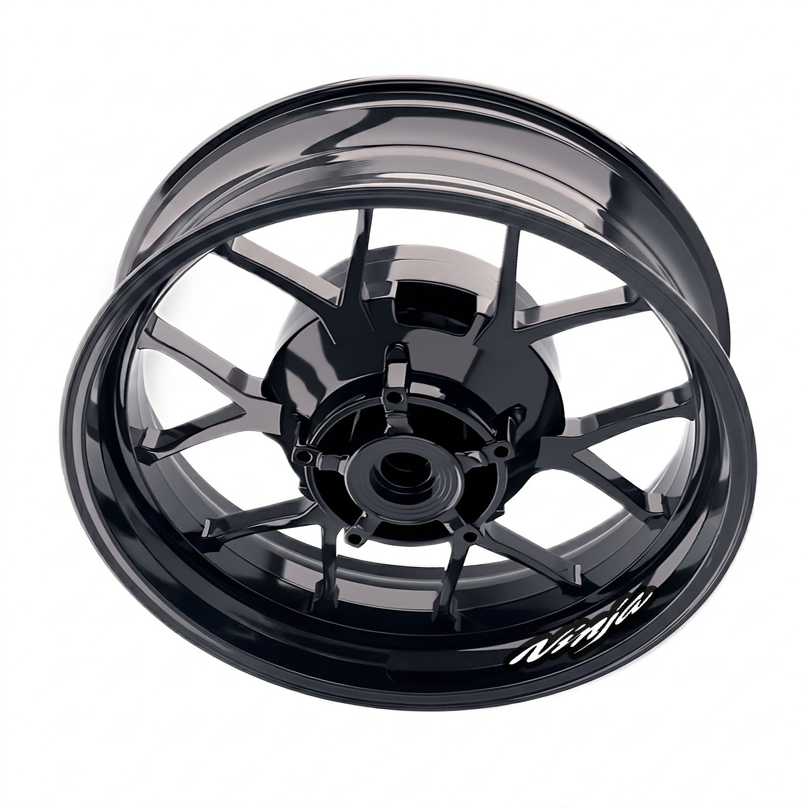 Kawasaki Ninja inner rim sticker set by StickerBao, bike model-specific wheel decals on a motorcycle rim, black and green design