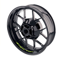 Kawasaki Ninja 650R wheel stickers and rim decals, bike-specific inner rim decal set by StickerBao on a motorcycle wheel.