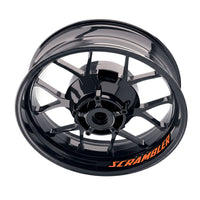 Ducati Scrambler Cafe Racer inner rim sticker set with bike model-specific wheel decals on a motorcycle wheel.