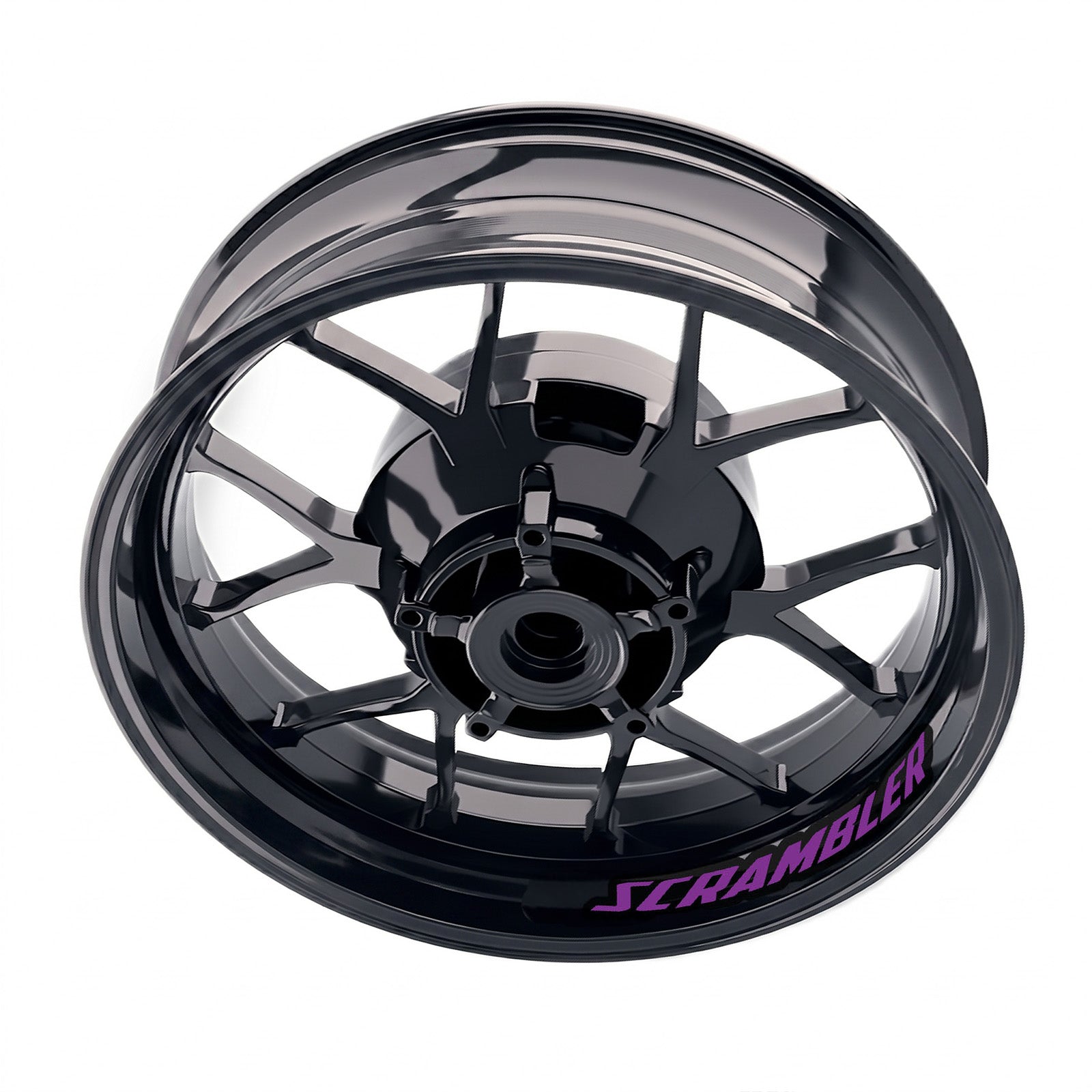 Ducati Scrambler Cafe Racer inner rim sticker set by StickerBao on bike wheel with black and white decals for custom style.