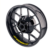 Ducati Scrambler 1100 wheel stickers and rim decals set by StickerBao on bike wheel rim for custom motorcycle styling.
