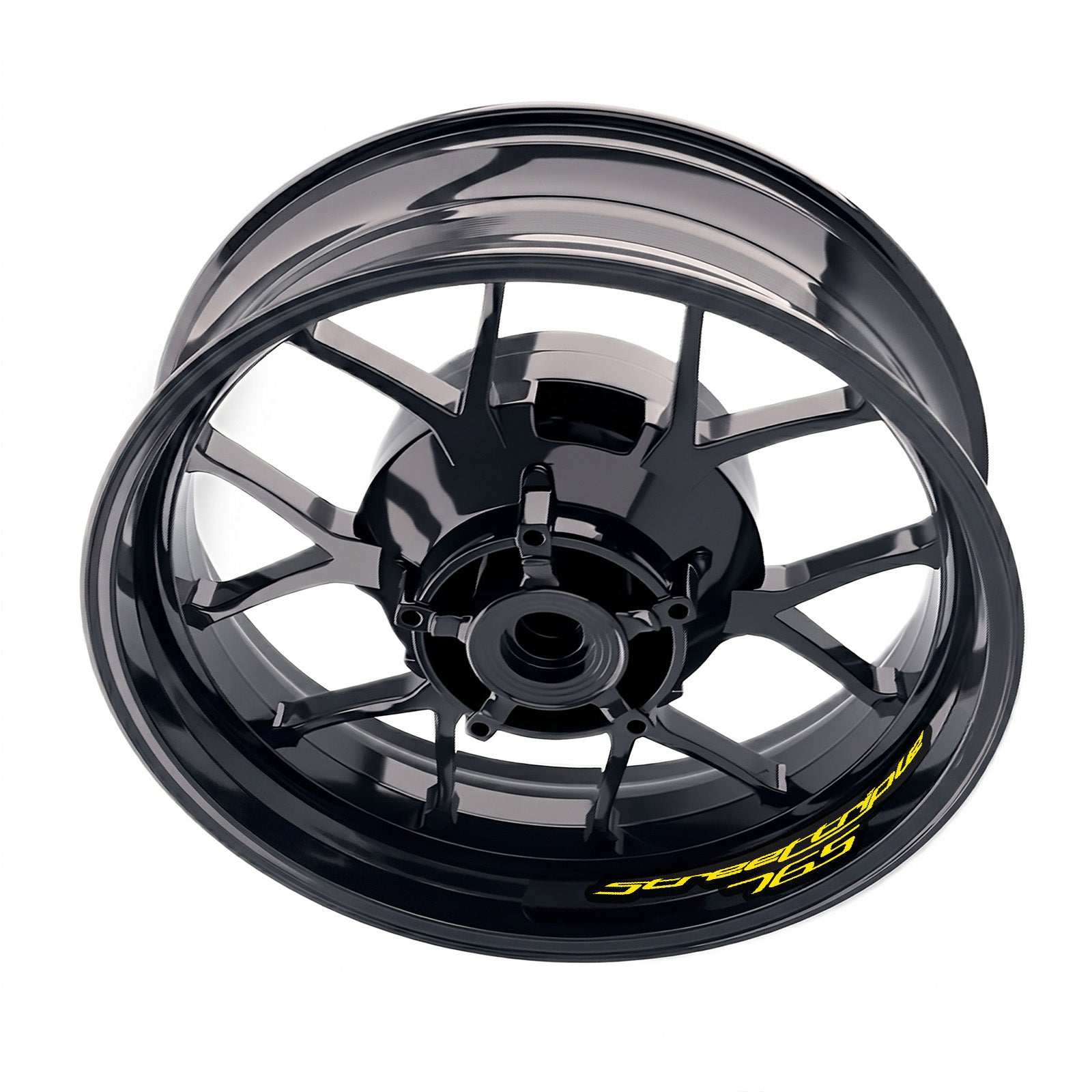 Triumph Street Triple 765 R/RS inner rim sticker set by StickerBao, featuring wheel decals on a motorcycle rim.