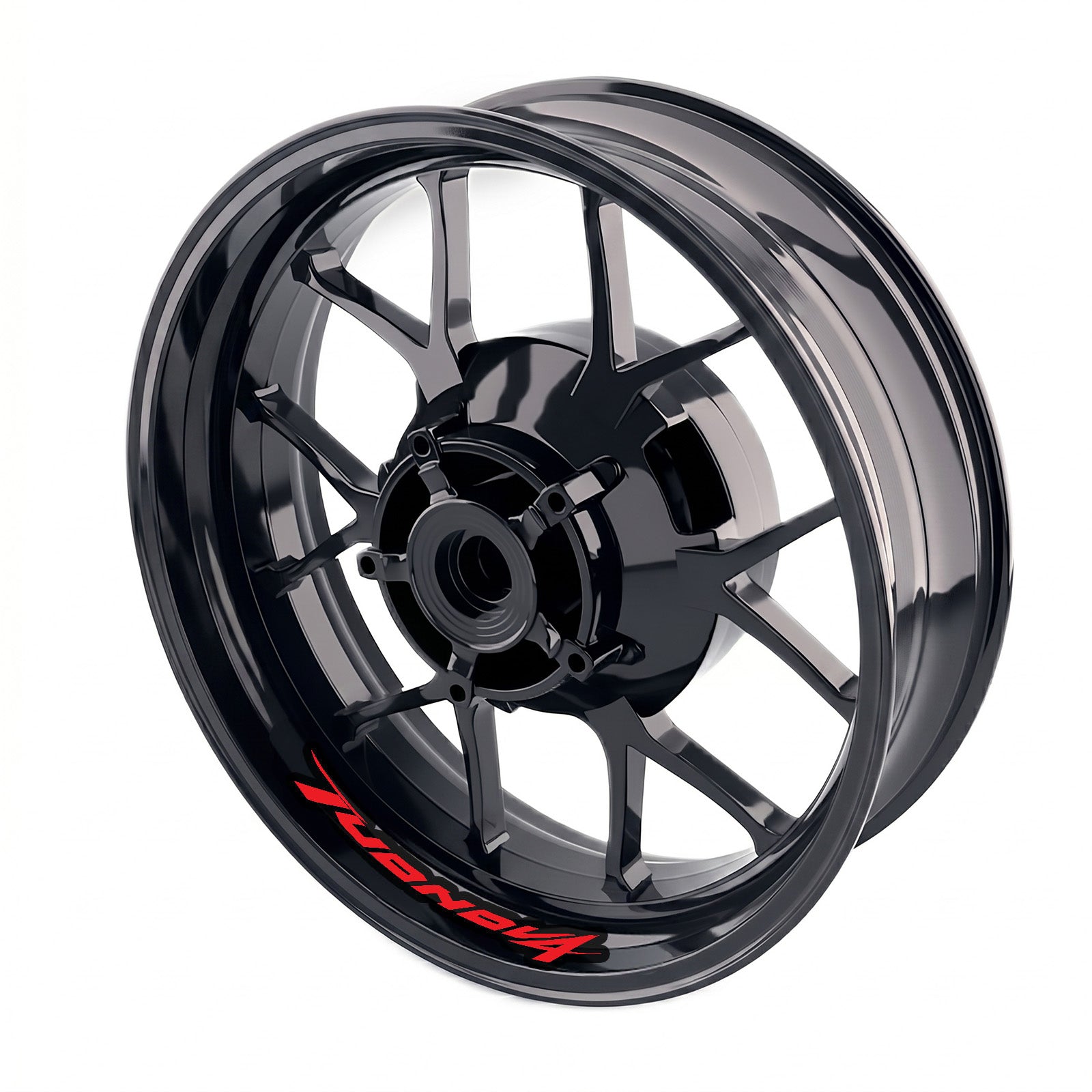 Aprilia Tuono V4 1100 RR wheel stickers and rim decals by StickerBao, bike-specific inner rim decal set on a motorcycle wheel.