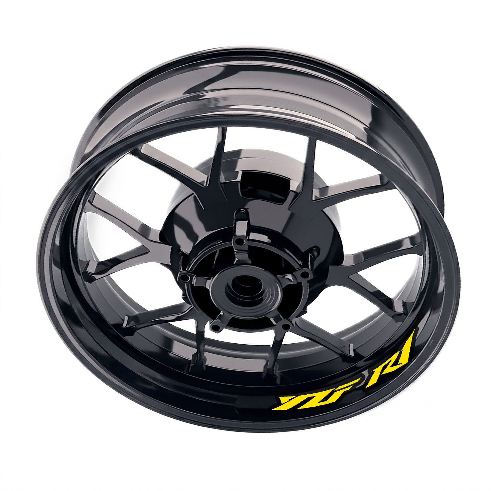 Yamaha YZF R1 inner rim sticker set by StickerBao, bike-specific wheel decals with bold graphics on black rims.
