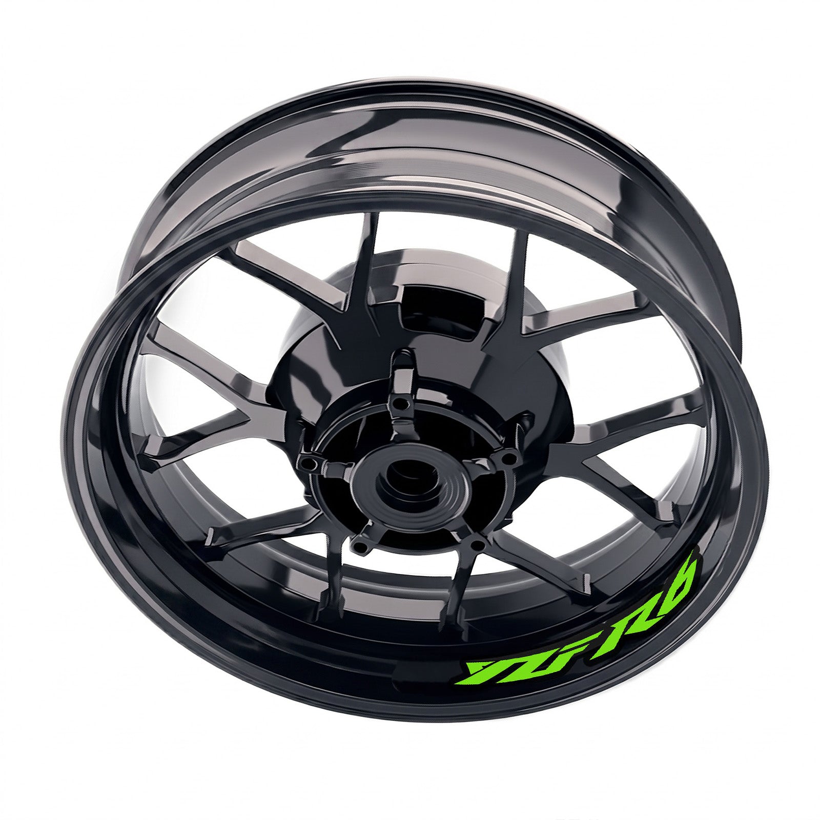 Yamaha YZF R6 bike wheel decals, inner rim sticker set by StickerBao, featuring model-specific wheel decals on a motorcycle rim.