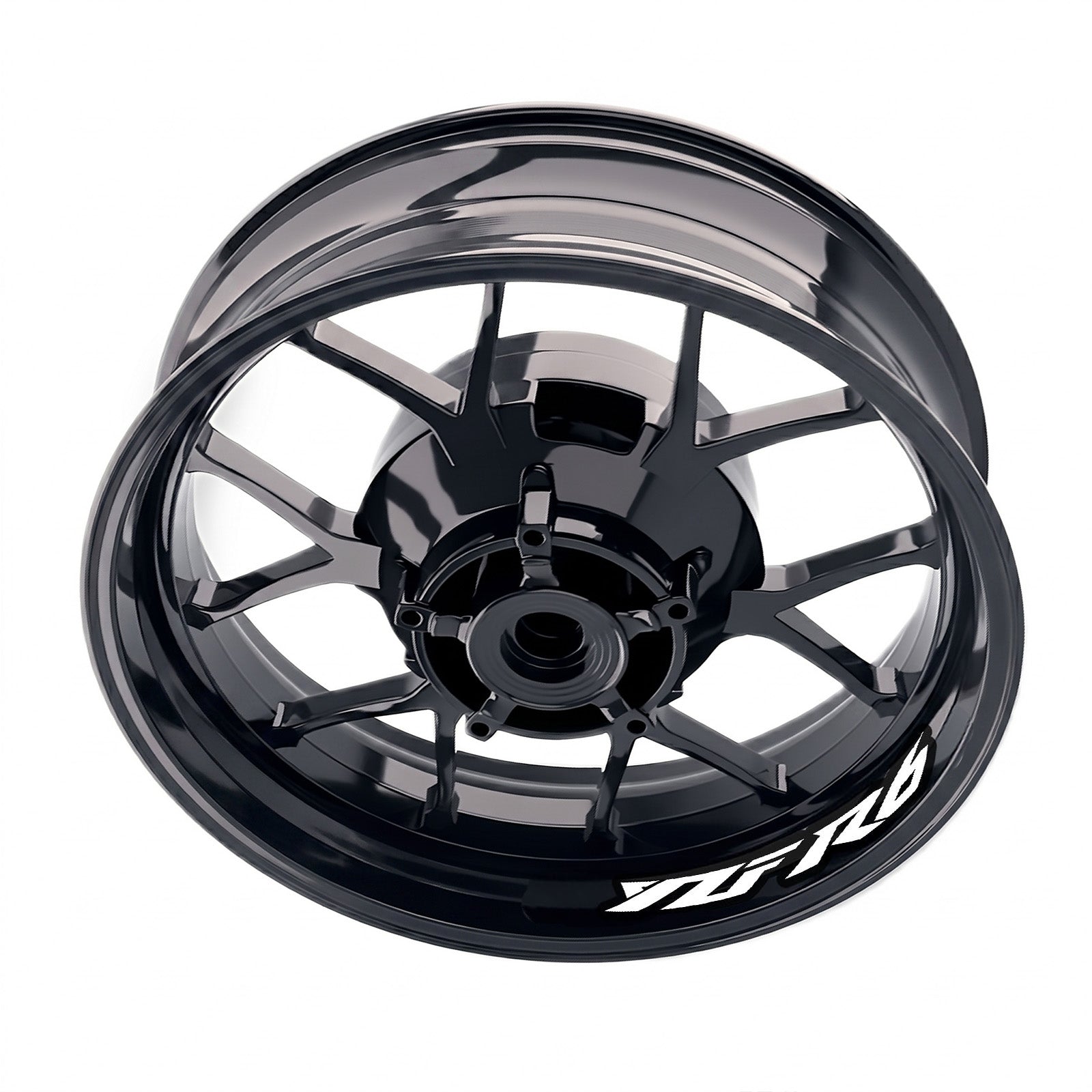 Yamaha YZF R6 inner rim sticker set by StickerBao, featuring model-specific wheel decals on a motorcycle rim.