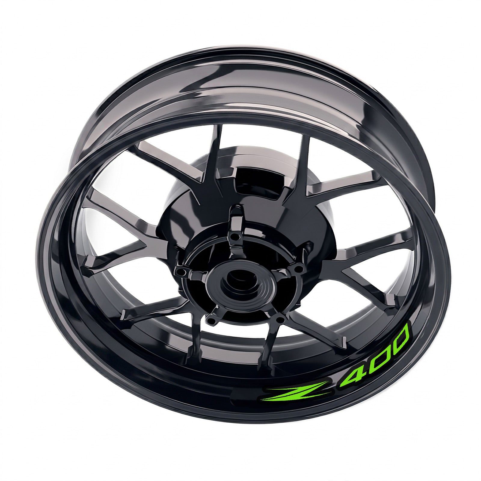Kawasaki Z400 inner rim sticker set by StickerBao, wheel decals for bike model, black and green rim decals on a motorcycle wheel