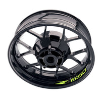Kawasaki Z650 inner rim sticker set with blue and white wheel decals for bike rims, by StickerBao, shown on motorcycle wheel